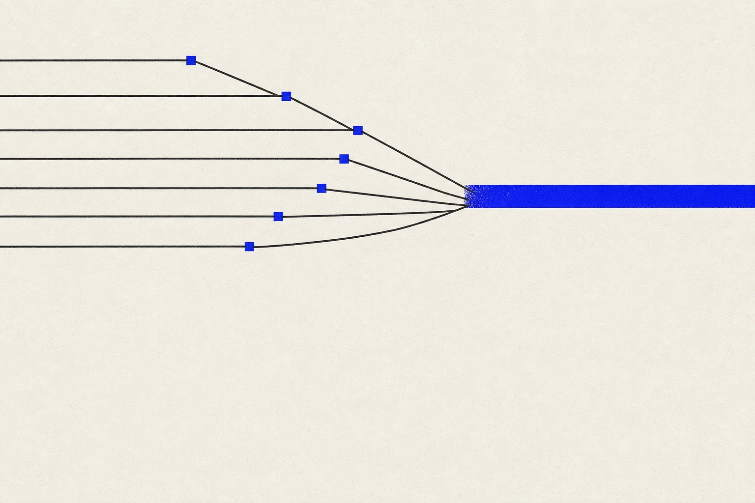 Illustrazione astratta: più flussi separati che convergono in un unico flusso automatizzato